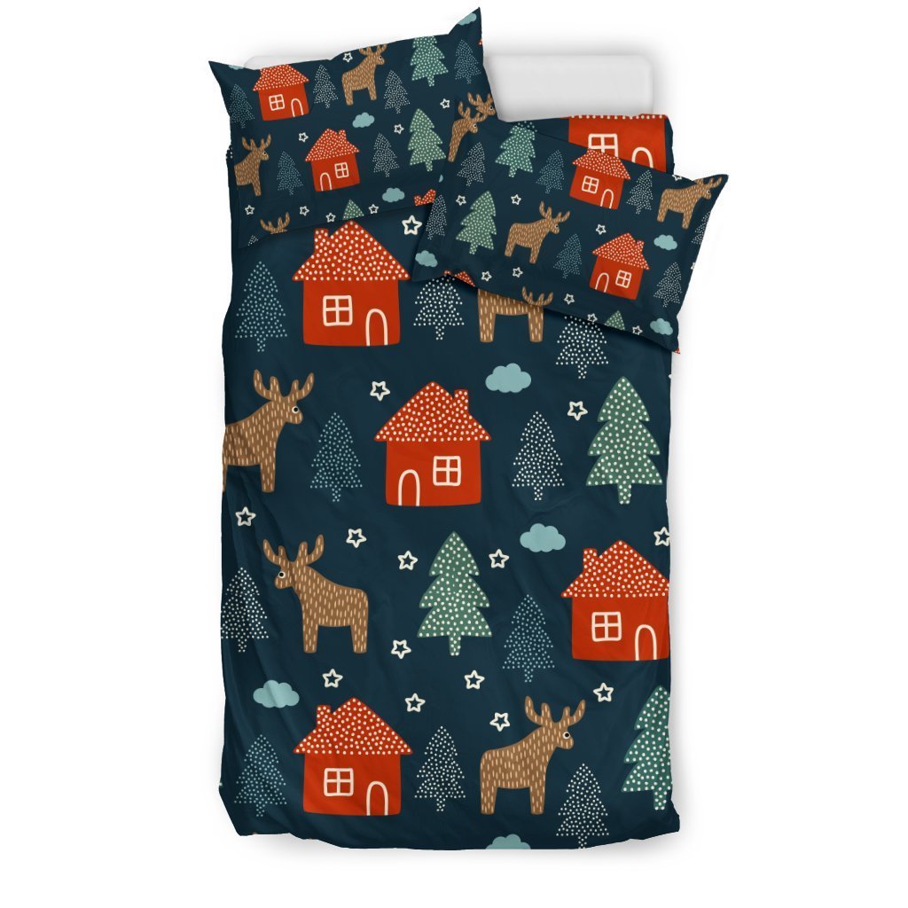 Christmas Tree Reindeer Pattern Print Duvet Cover Bedding Set-grizzshop
