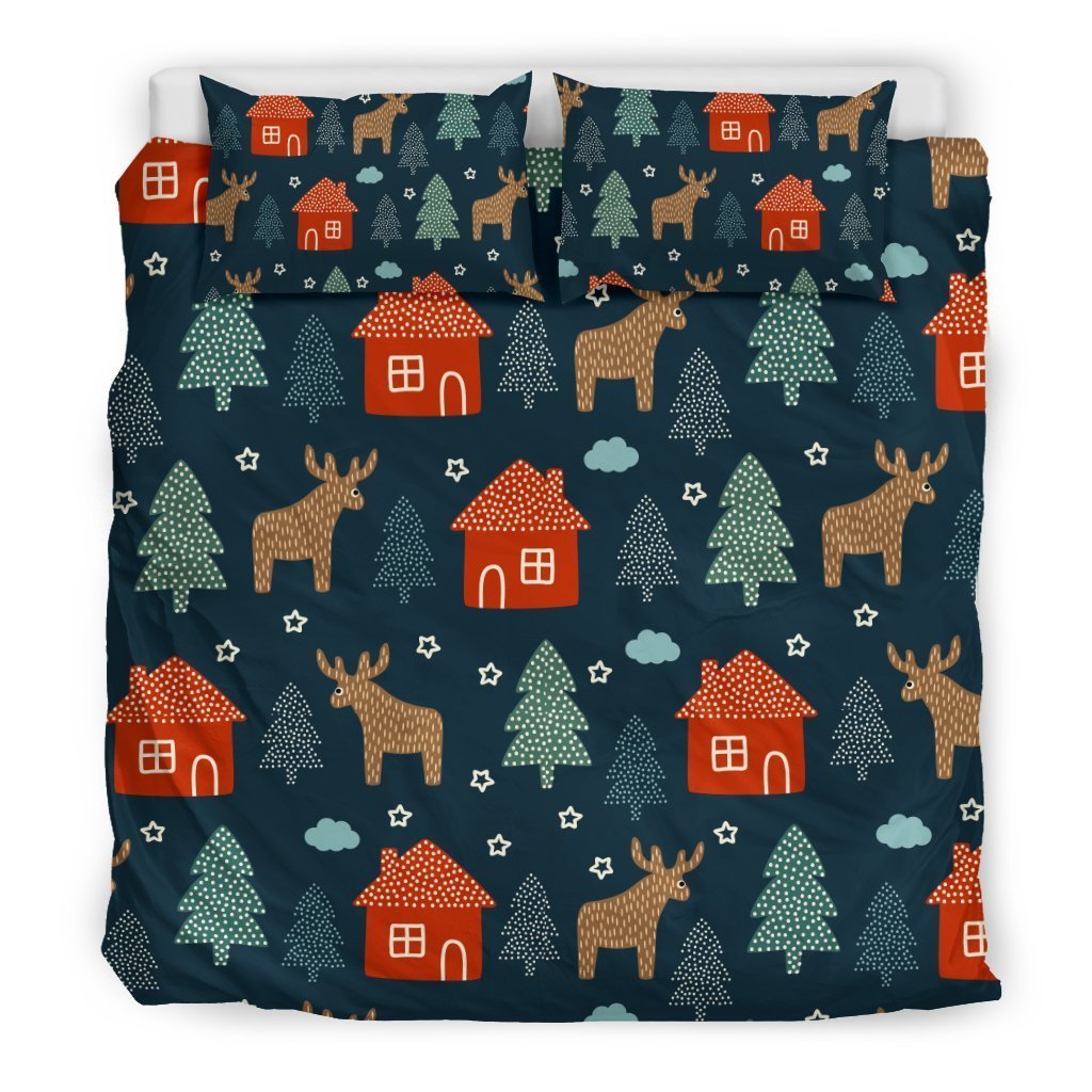 Christmas Tree Reindeer Pattern Print Duvet Cover Bedding Set-grizzshop