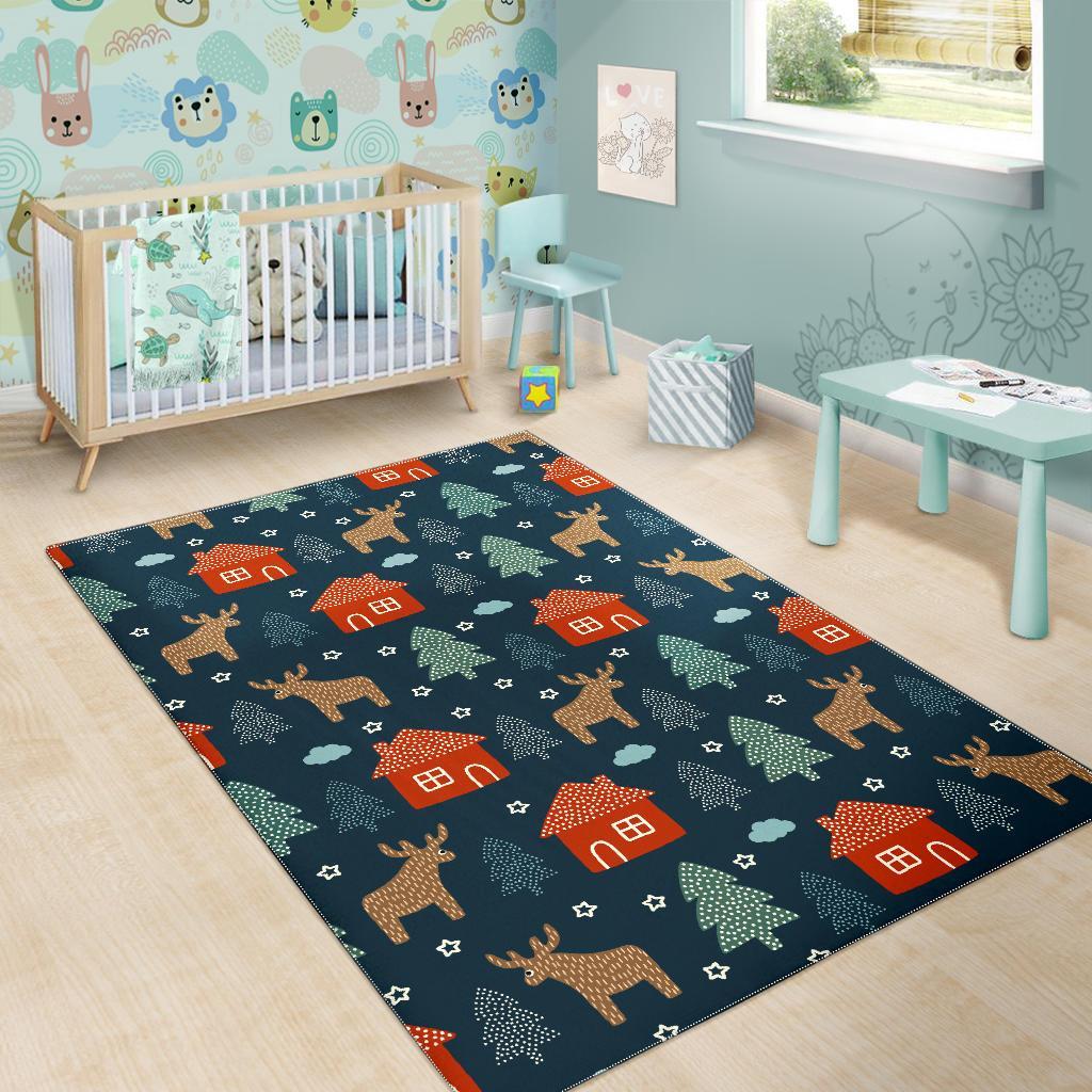 Christmas Tree Reindeer Pattern Print Floor Mat-grizzshop