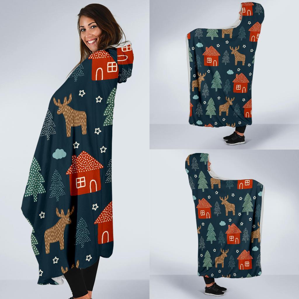 Christmas Tree Reindeer Pattern Print Hooded Blanket-grizzshop