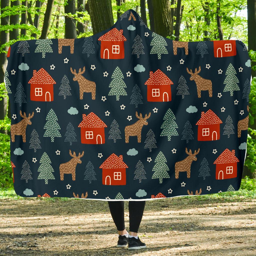 Christmas Tree Reindeer Pattern Print Hooded Blanket-grizzshop
