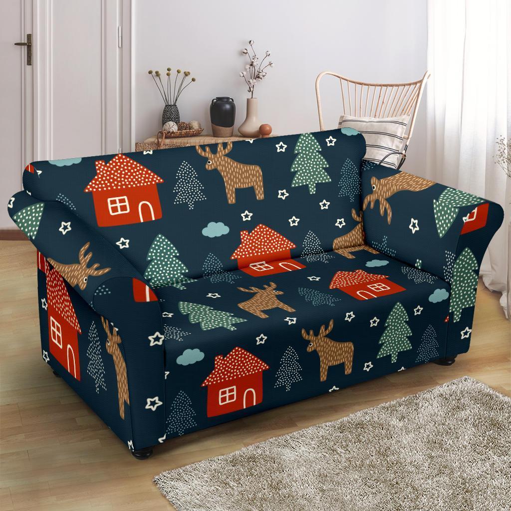 Christmas Tree Reindeer Pattern Print Loveseat Cover-grizzshop