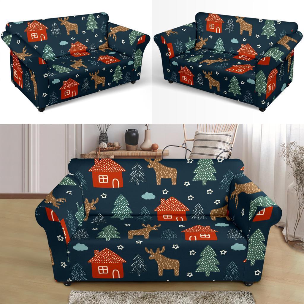 Christmas Tree Reindeer Pattern Print Loveseat Cover-grizzshop