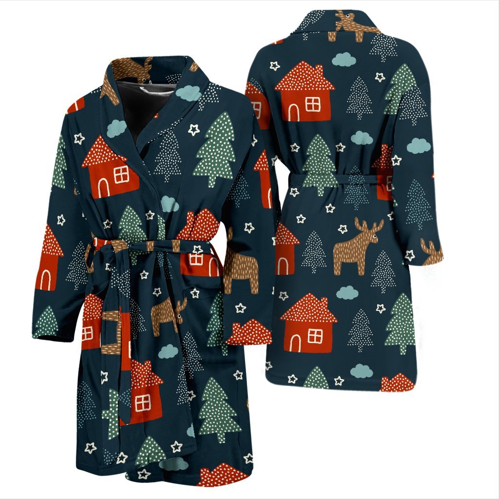 Christmas Tree Reindeer Pattern Print Men Long Robe-grizzshop