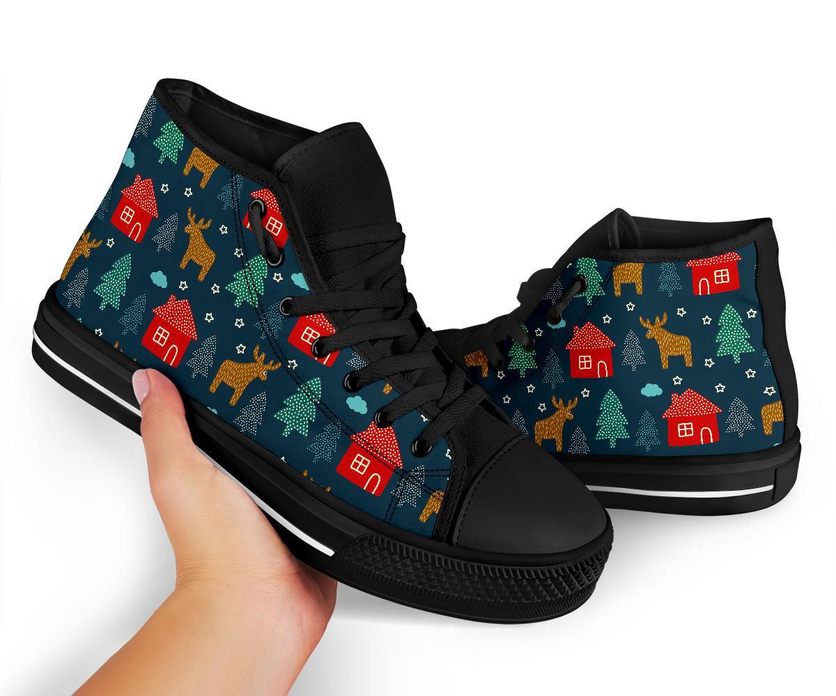 Christmas Tree Reindeer Pattern Print Men Women's High Top Shoes-grizzshop