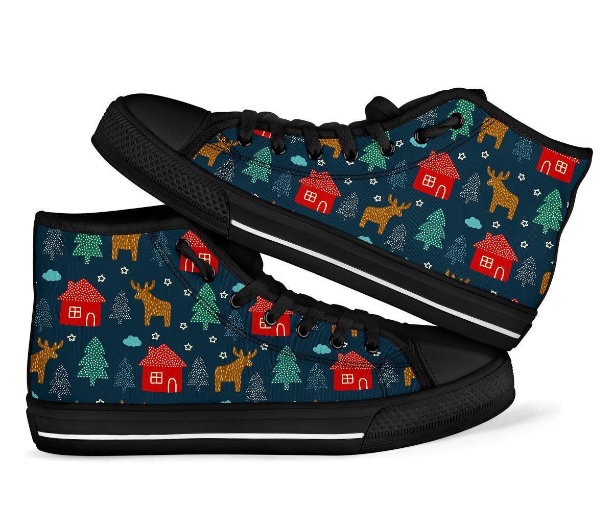 Christmas Tree Reindeer Pattern Print Men Women's High Top Shoes-grizzshop