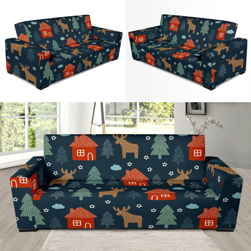 Christmas Tree Reindeer Pattern Print Sofa Covers-grizzshop