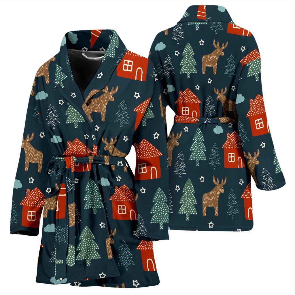 Christmas Tree Reindeer Pattern Print Women Long Robe-grizzshop