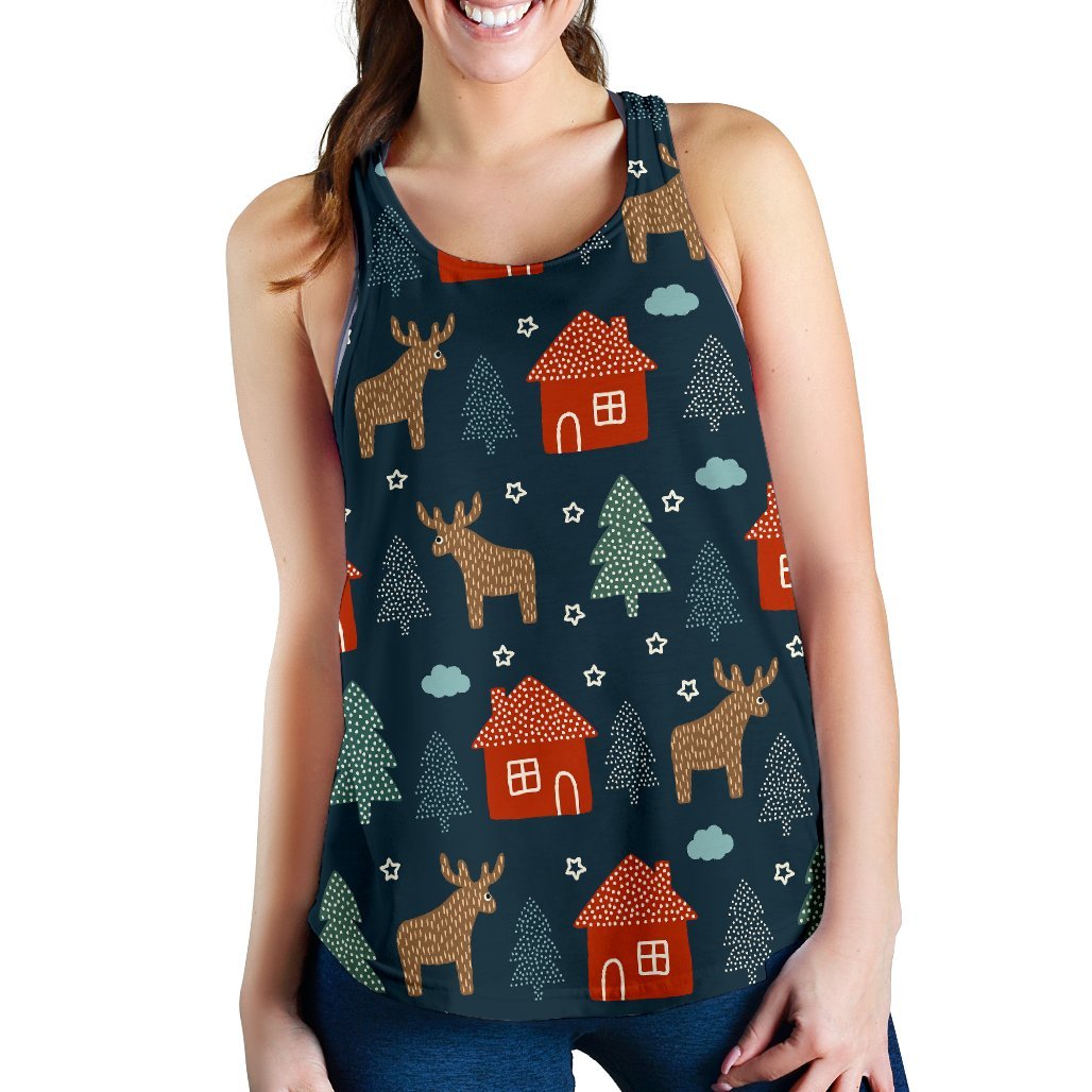 Christmas Tree Reindeer Pattern Print Women's Racerback Tank Tops-grizzshop