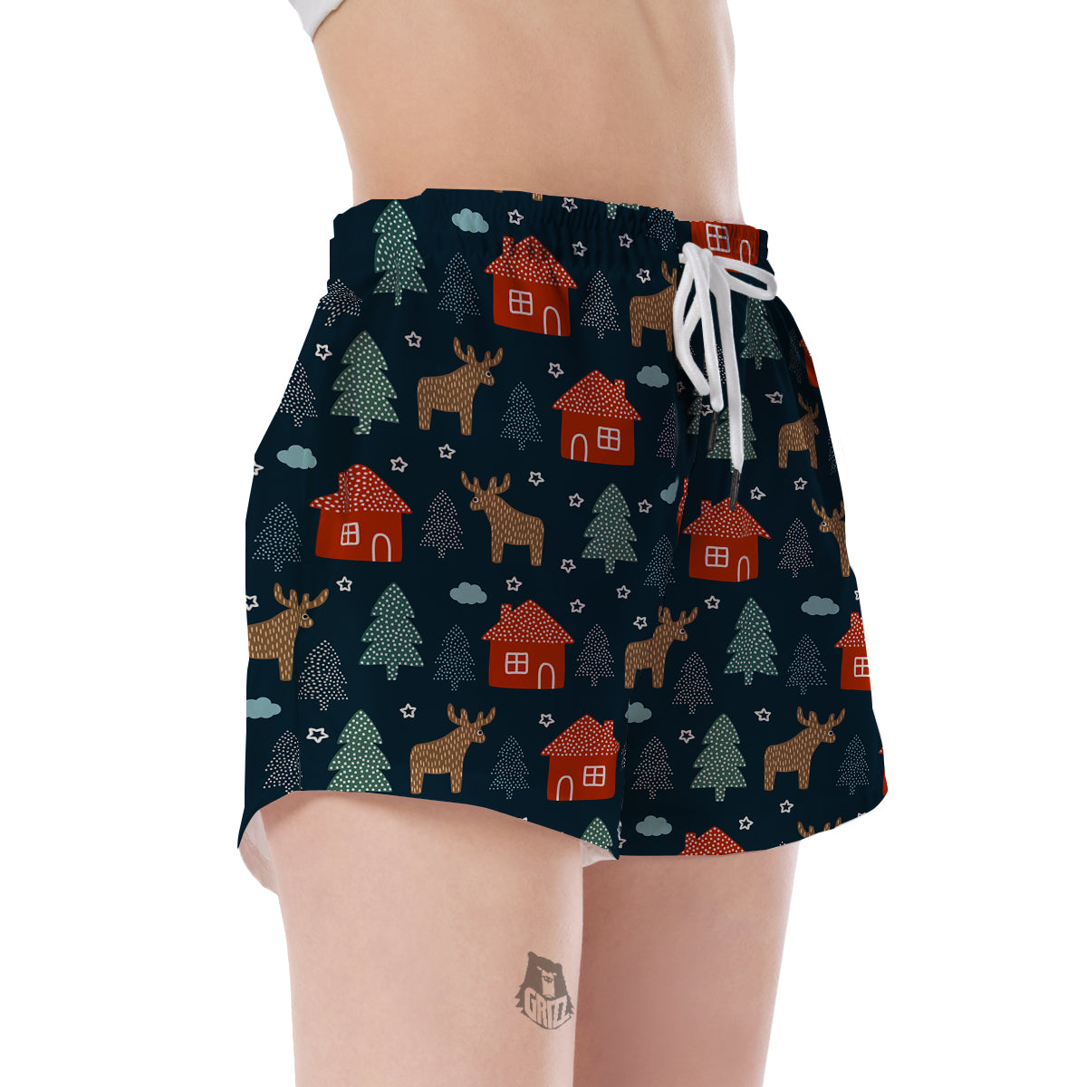 Christmas Tree Reindeer Pattern Print Women's Shorts-grizzshop