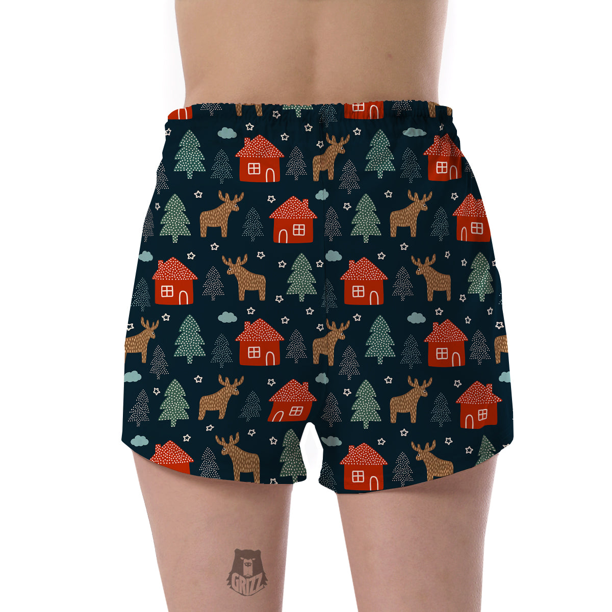 Christmas Tree Reindeer Pattern Print Women's Shorts-grizzshop