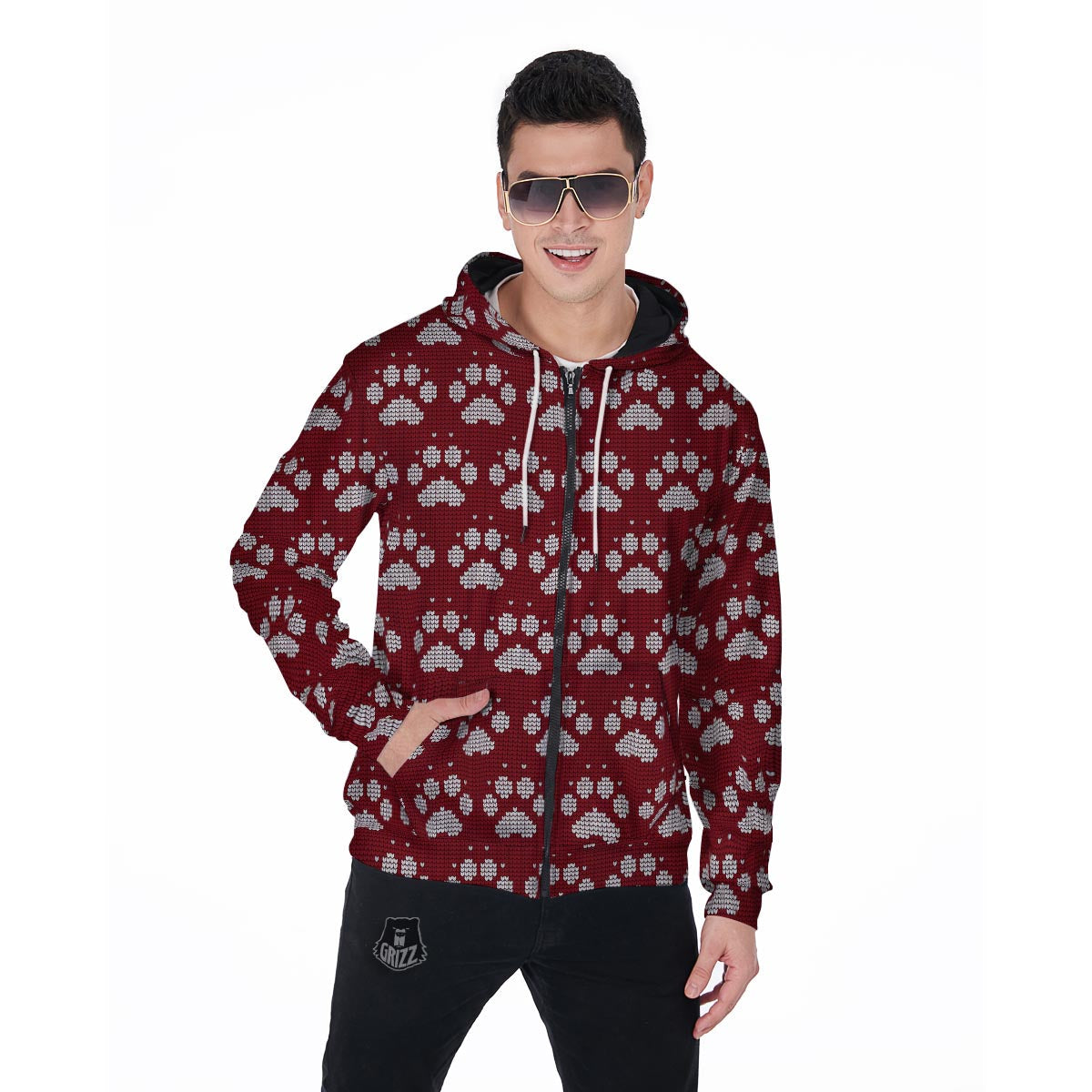 Christmas Ugly Paw Men's Zip Up Hoodie-grizzshop