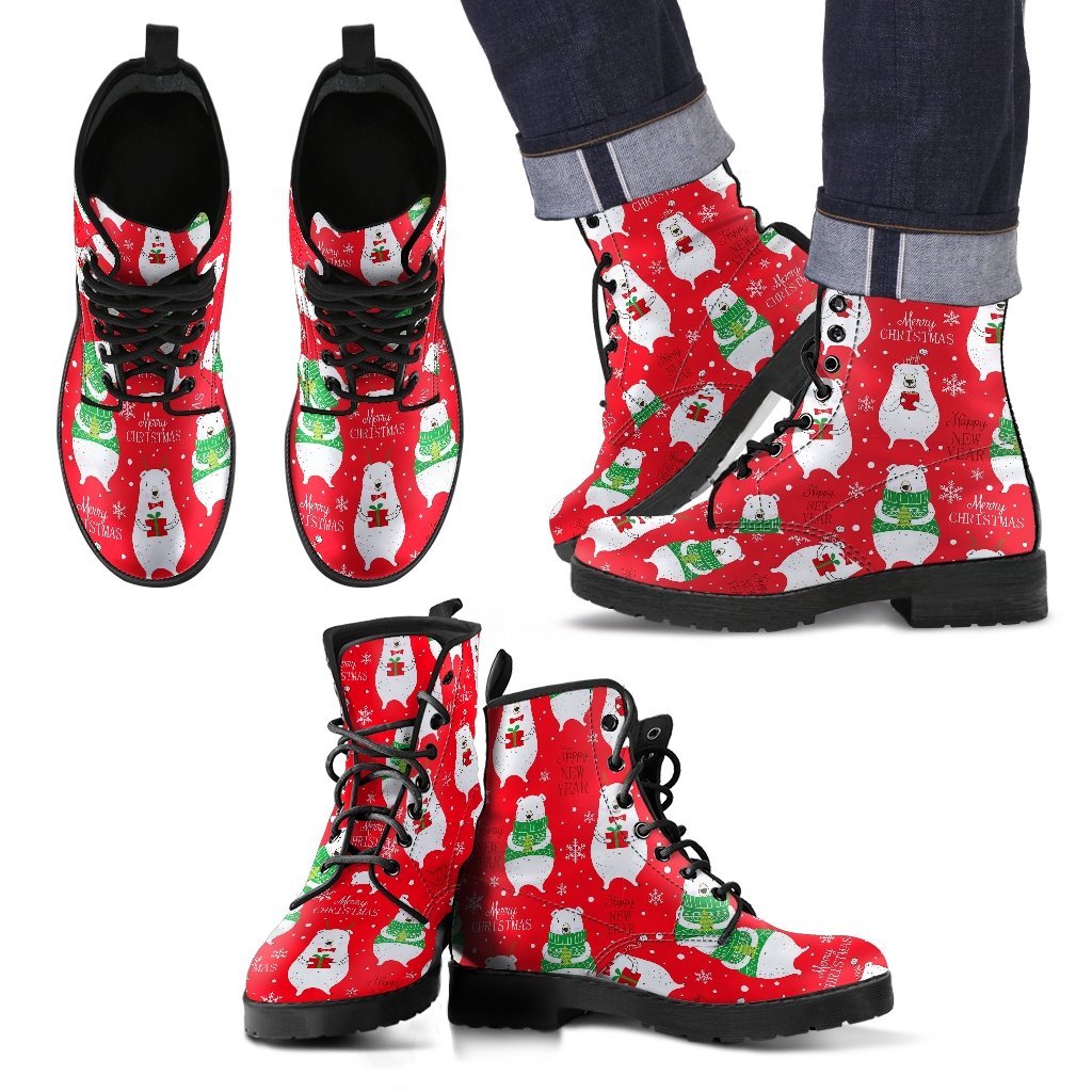 Christmas Teddy Bear Pattern Print Men Women Leather Boots-grizzshop