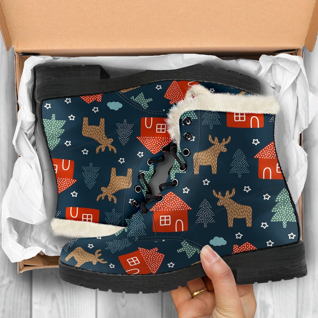 Christmas Tree Reindeer Pattern Print Comfy Winter Boots-grizzshop