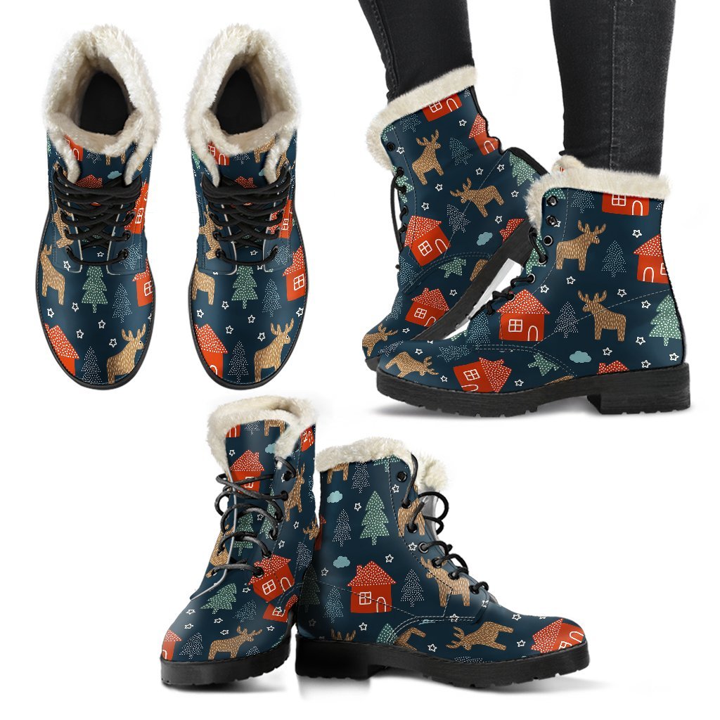 Christmas Tree Reindeer Pattern Print Comfy Winter Boots-grizzshop