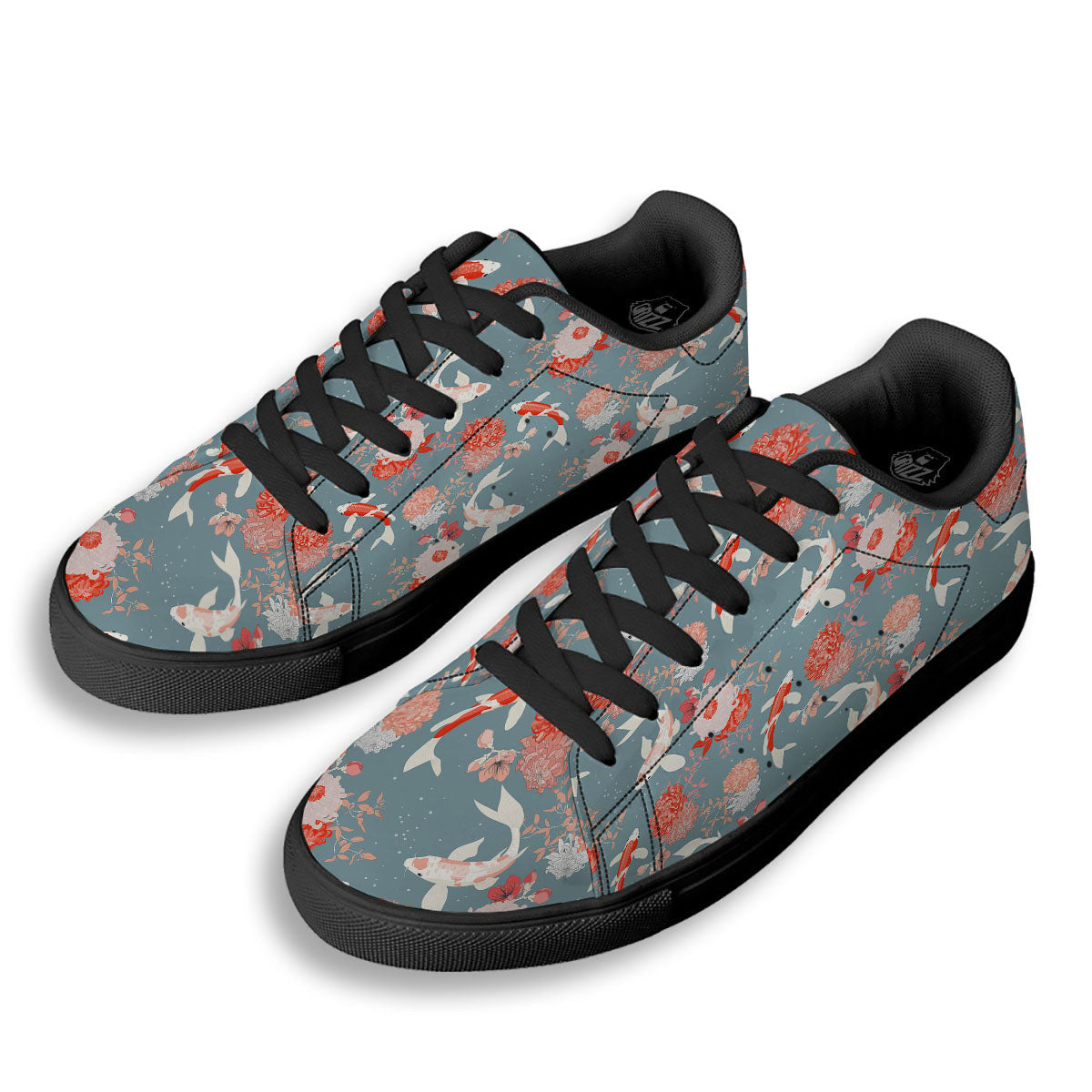 Chrysanthemum And Koi Carp Print Pattern Black Low Top Sneakers-grizzshop