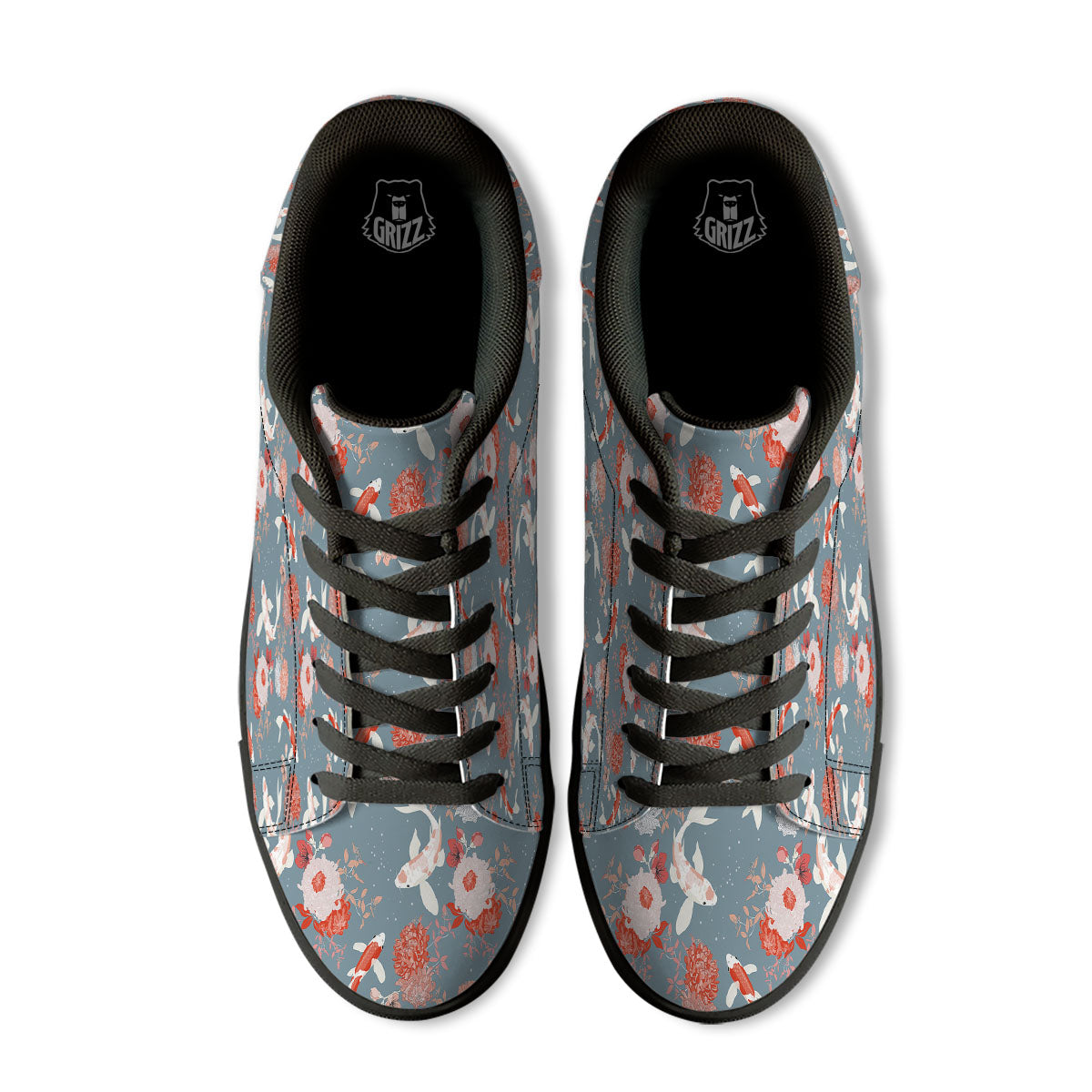 Chrysanthemum And Koi Carp Print Pattern Black Low Top Sneakers-grizzshop