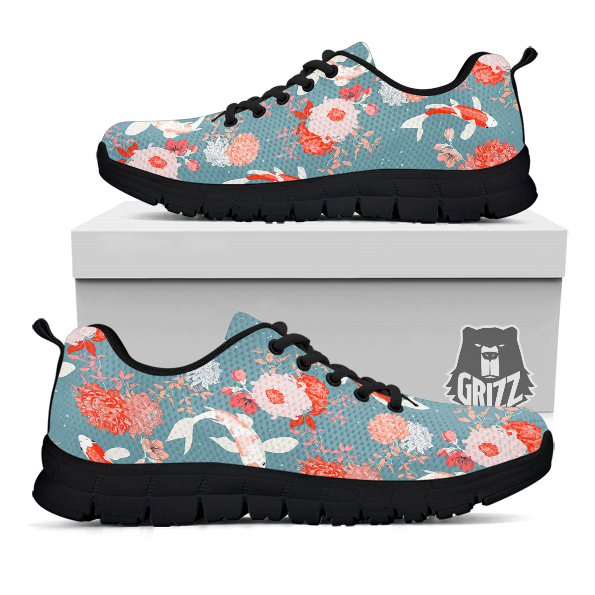 Chrysanthemum And Koi Carp Print Pattern Black Sneaker-grizzshop