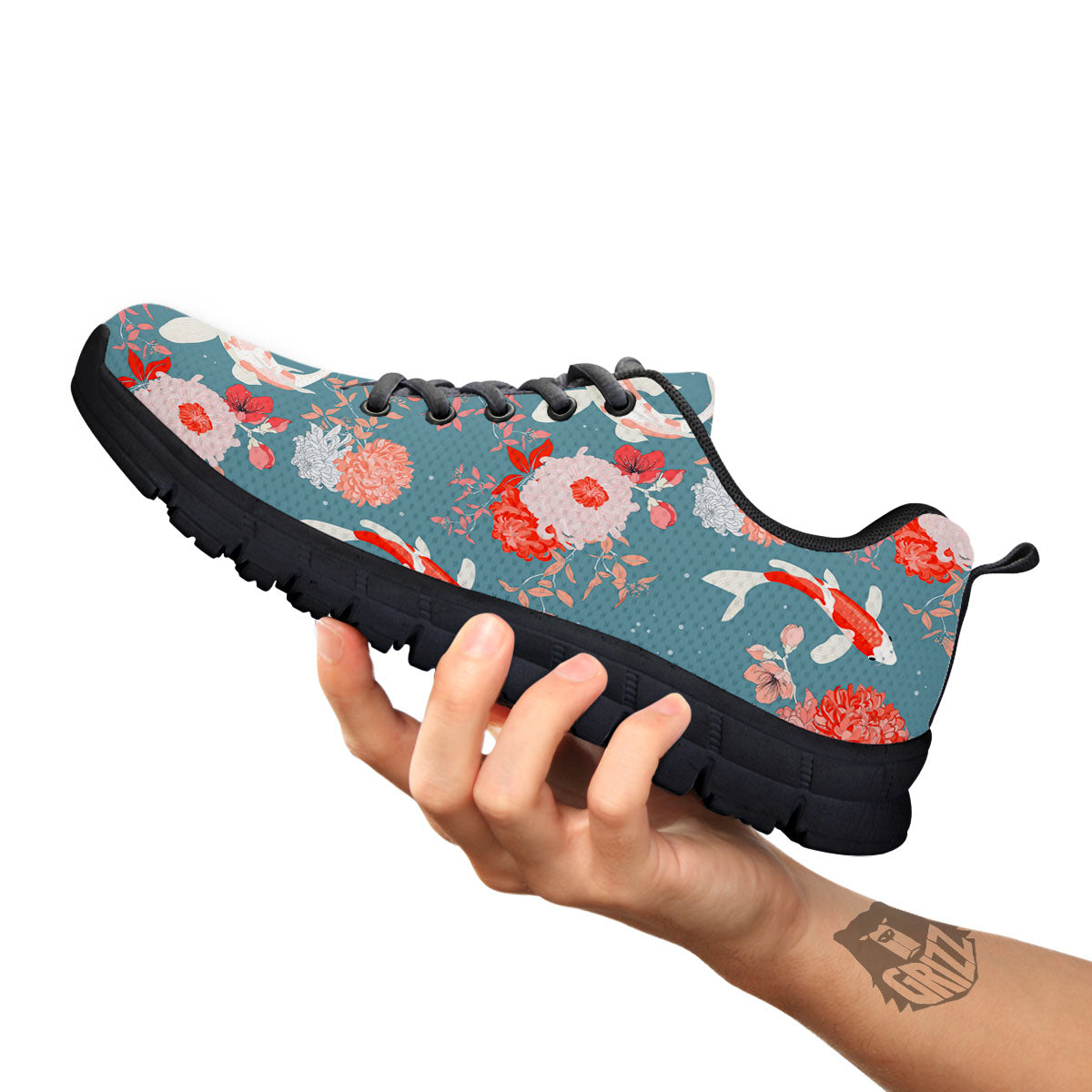 Chrysanthemum And Koi Carp Print Pattern Black Sneaker-grizzshop