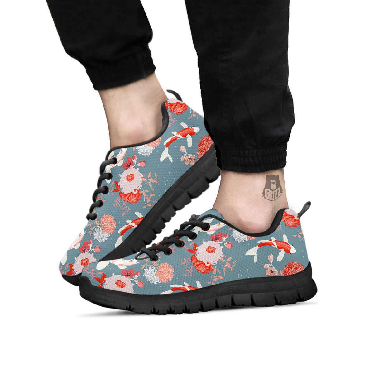 Chrysanthemum And Koi Carp Print Pattern Black Sneaker-grizzshop