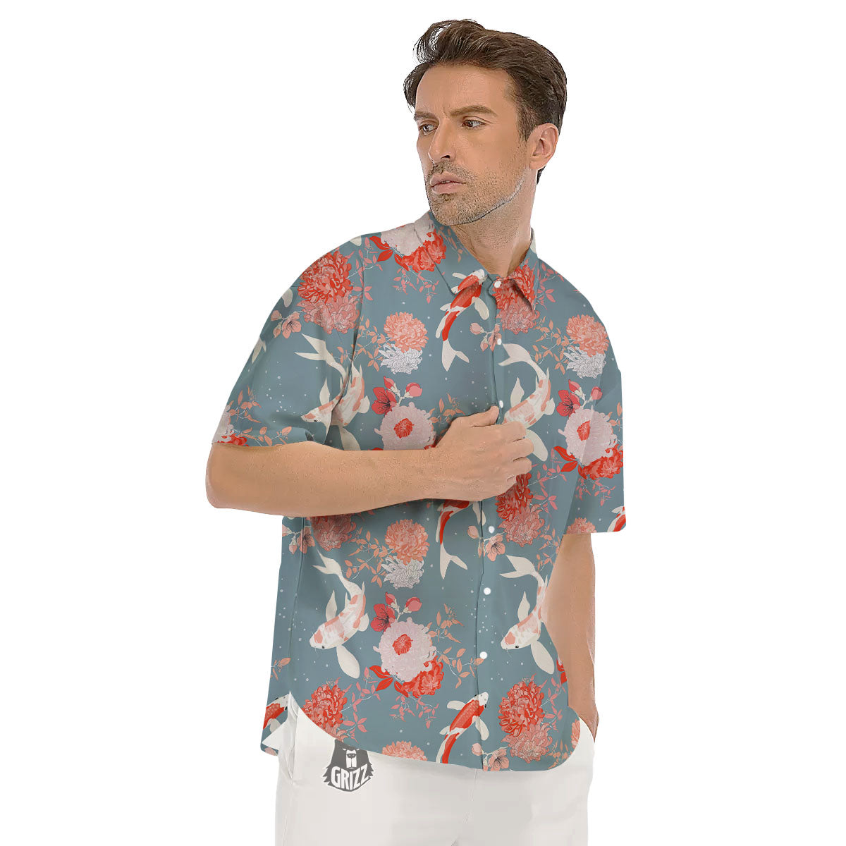 Chrysanthemum And Koi Carp Print Pattern Men's Short Sleeve Shirts-grizzshop