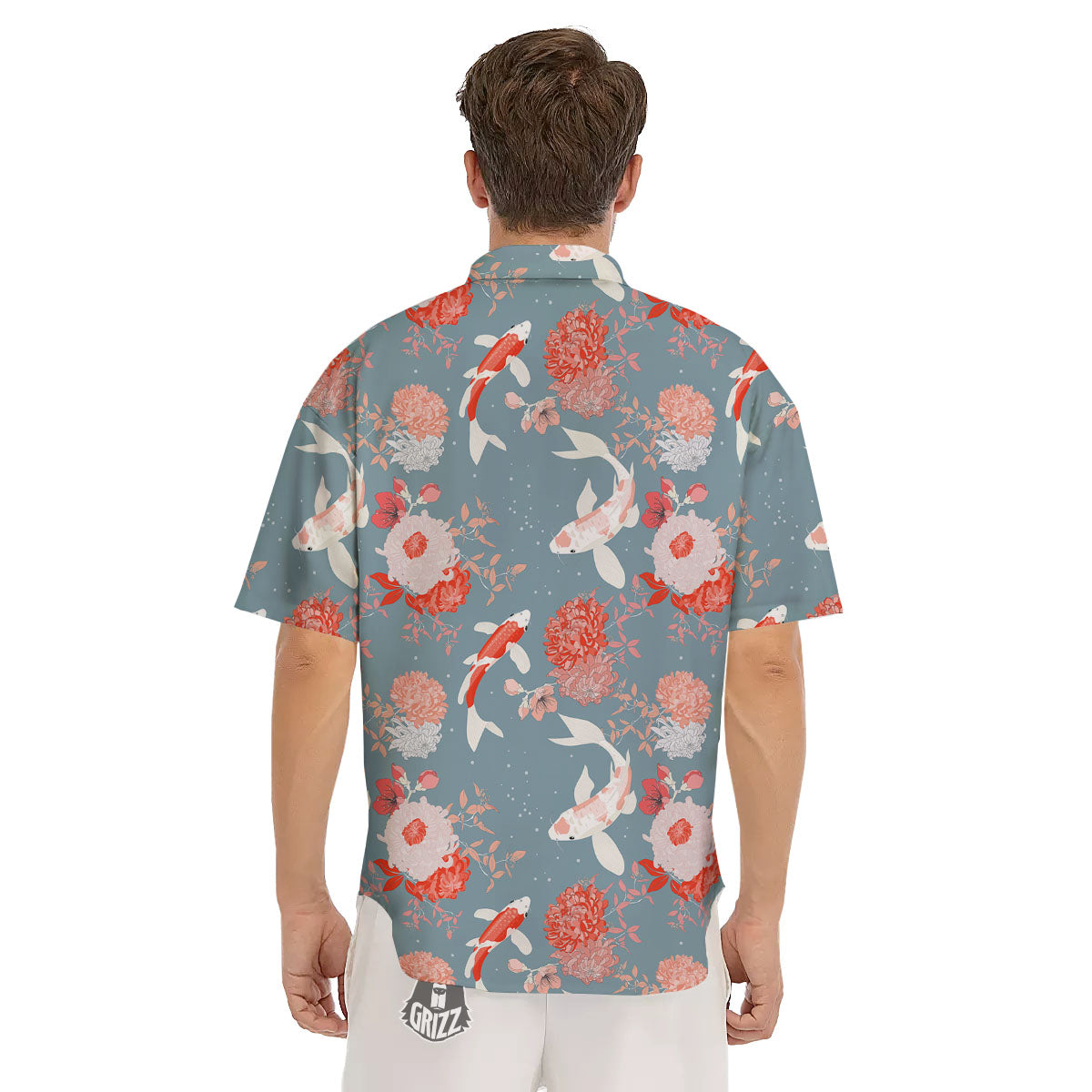 Chrysanthemum And Koi Carp Print Pattern Men's Short Sleeve Shirts-grizzshop