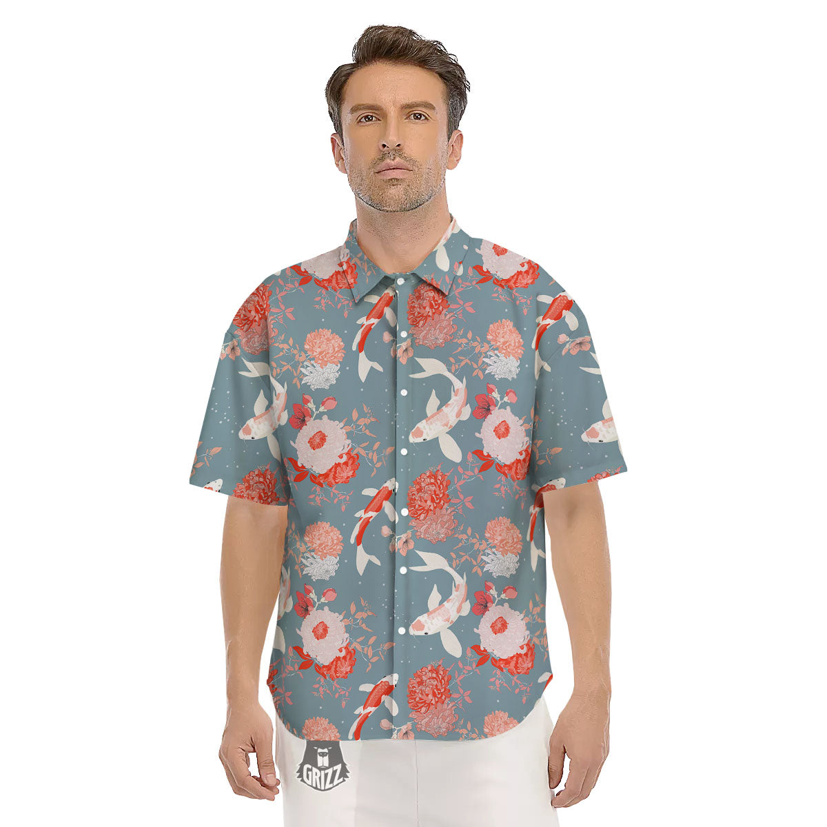 Chrysanthemum And Koi Carp Print Pattern Men's Short Sleeve Shirts-grizzshop