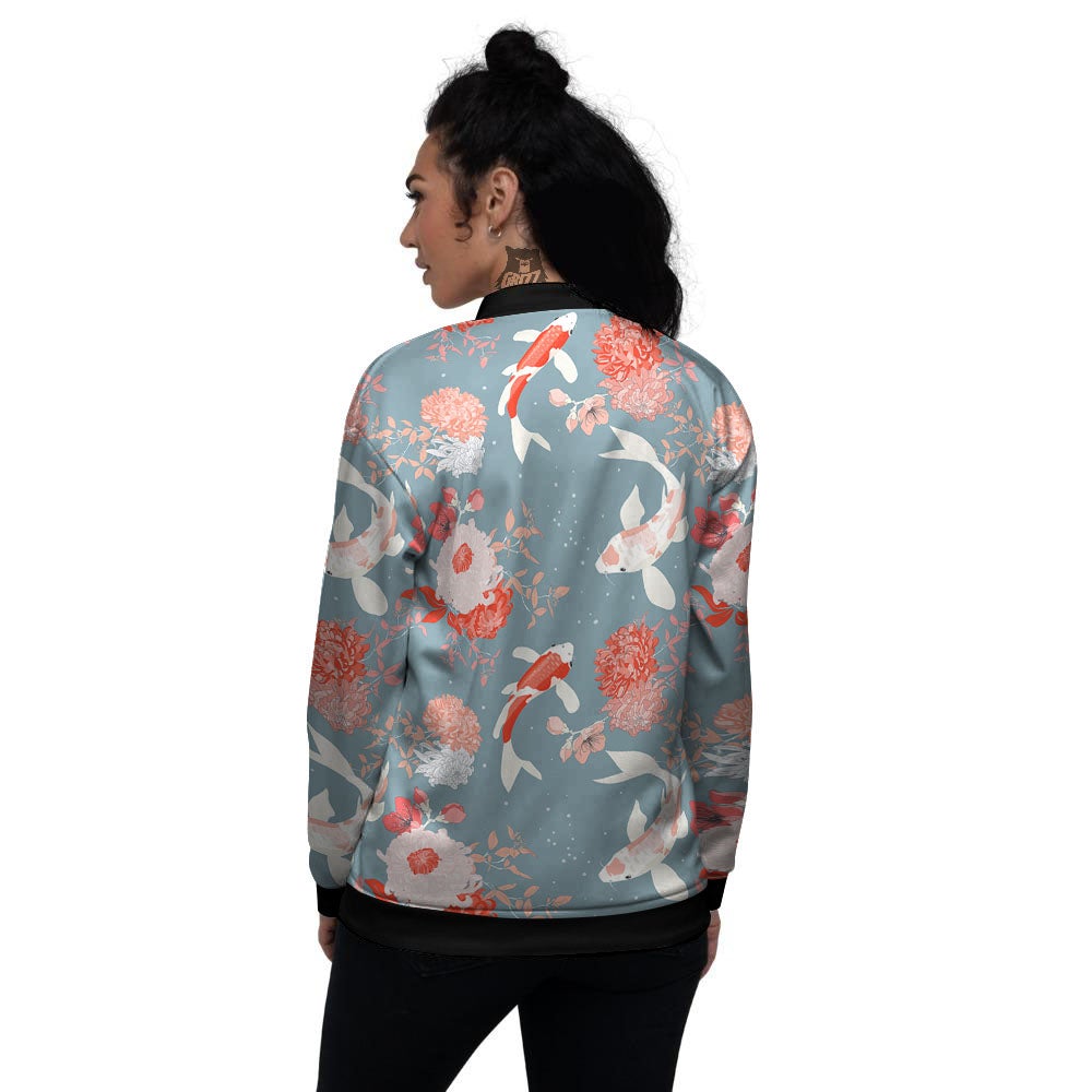 Chrysanthemum And Koi Carp Print Pattern Women's Bomber Jacket-grizzshop