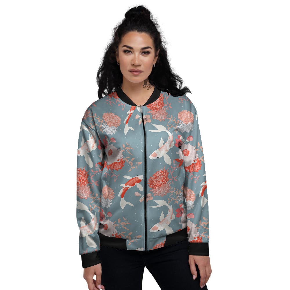 Chrysanthemum And Koi Carp Print Pattern Women's Bomber Jacket-grizzshop