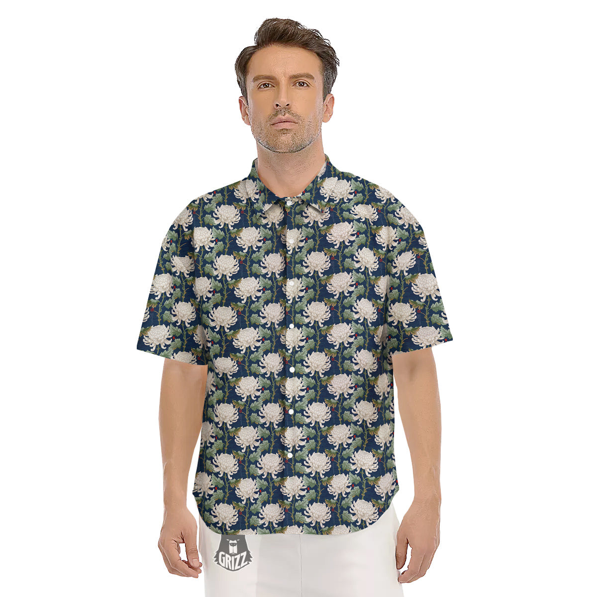 Chrysanthemum Flower Print Men's Short Sleeve Shirts-grizzshop