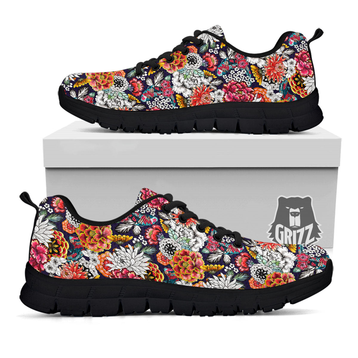 Chrysanthemum Japanese Print Pattern Black Sneaker-grizzshop