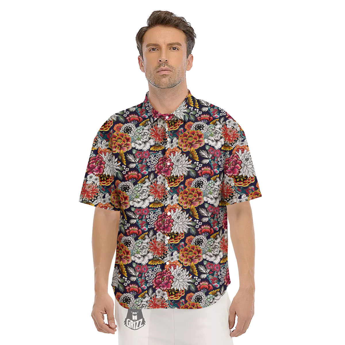 Chrysanthemum Japanese Print Pattern Men's Short Sleeve Shirts-grizzshop