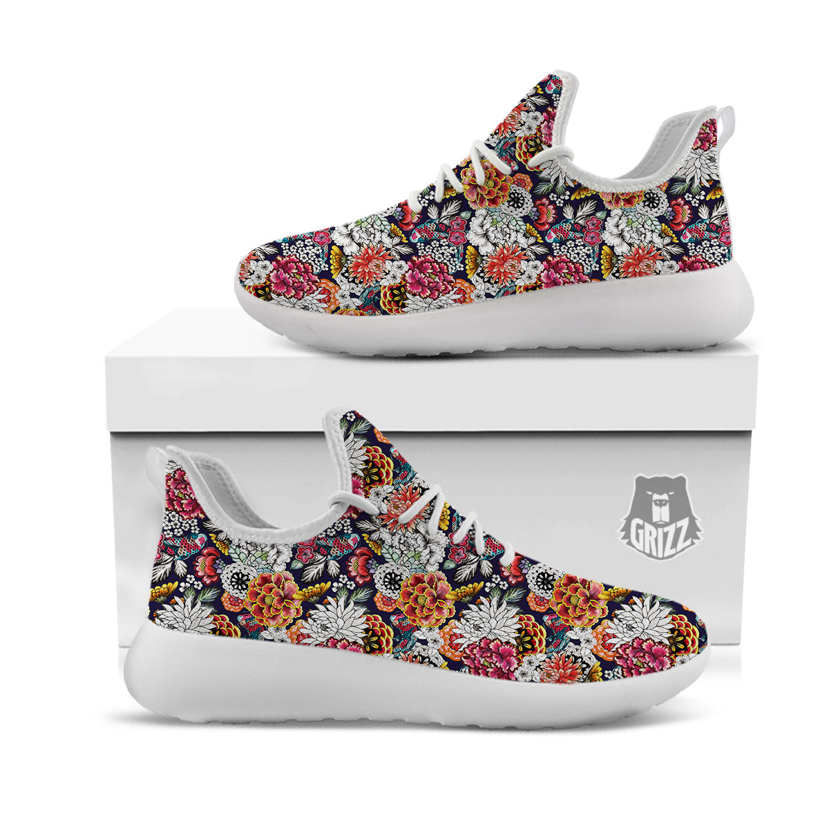 Chrysanthemum Japanese Print Pattern White Athletic Shoes-grizzshop