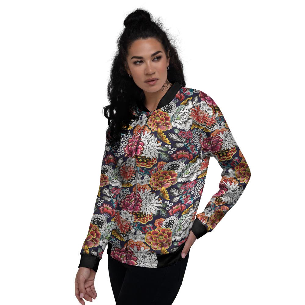 Chrysanthemum Japanese Print Pattern Women's Bomber Jacket-grizzshop