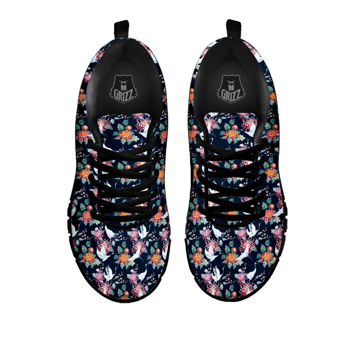 Chrysanthemums And Japanese Cranes Print Black Sneaker-grizzshop