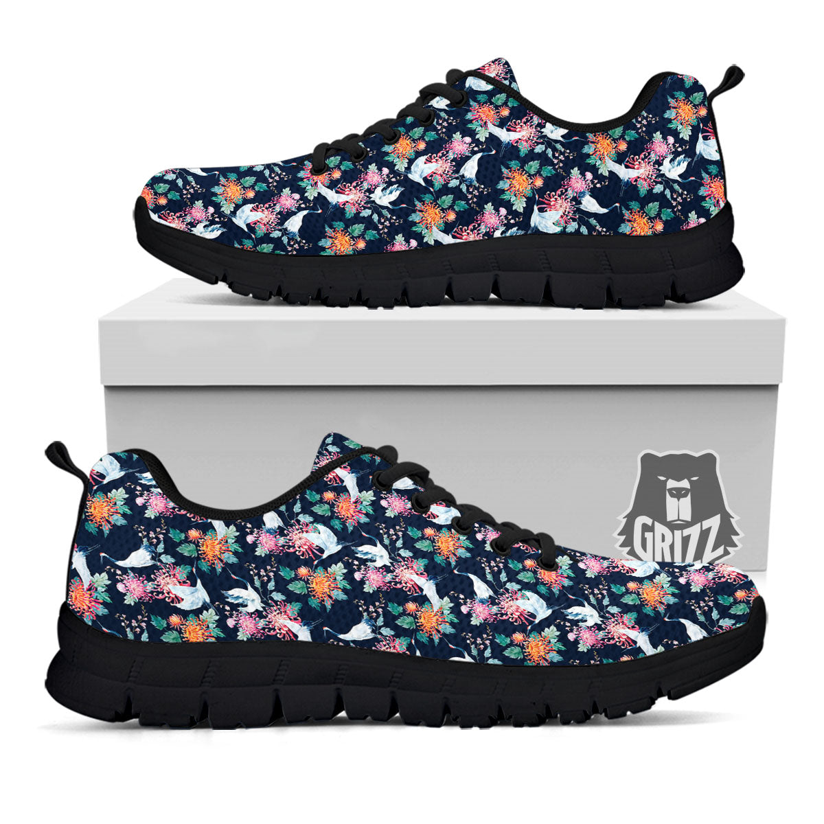 Chrysanthemums And Japanese Cranes Print Black Sneaker-grizzshop