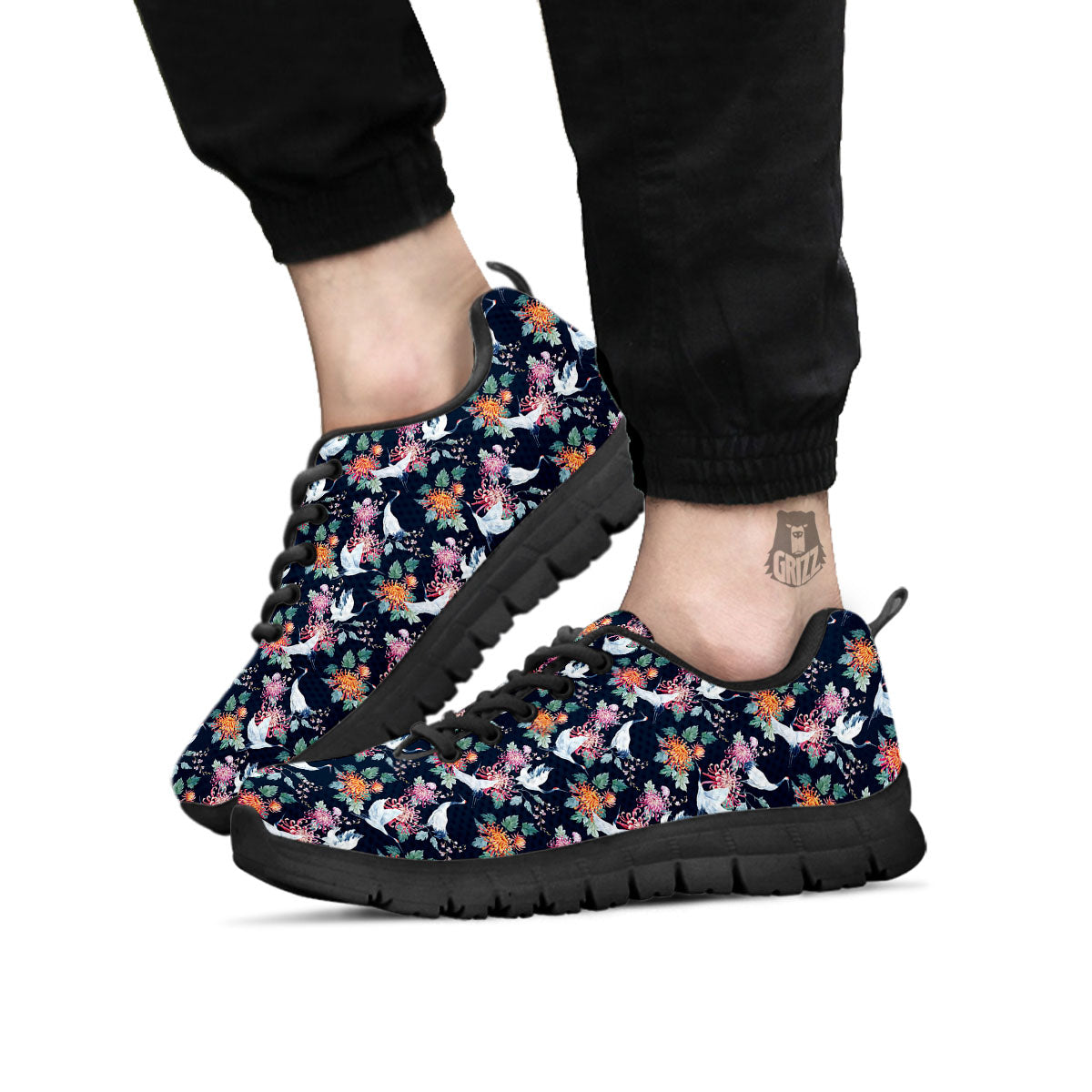 Chrysanthemums And Japanese Cranes Print Black Sneaker-grizzshop