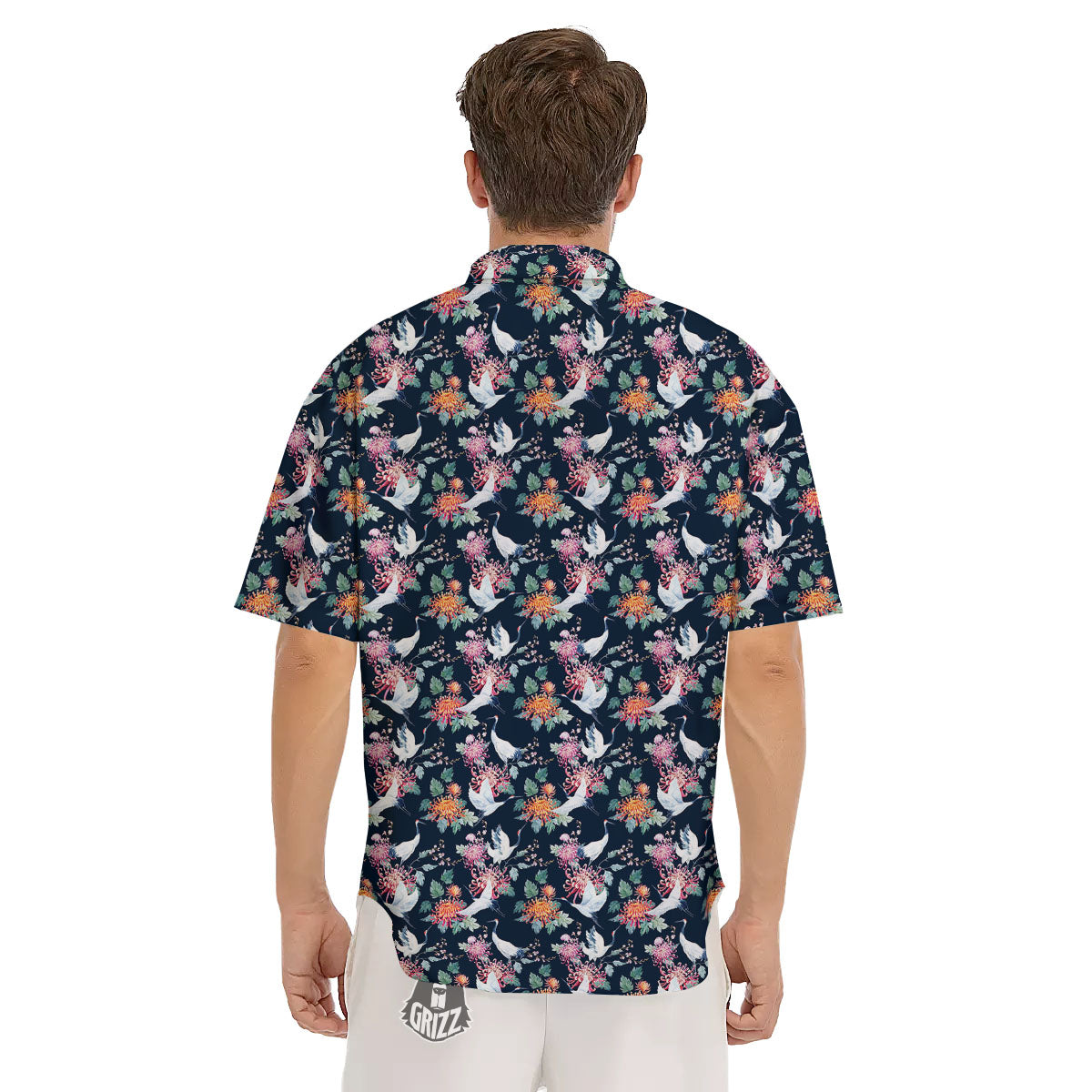 Chrysanthemums And Japanese Cranes Print Men's Short Sleeve Shirts-grizzshop