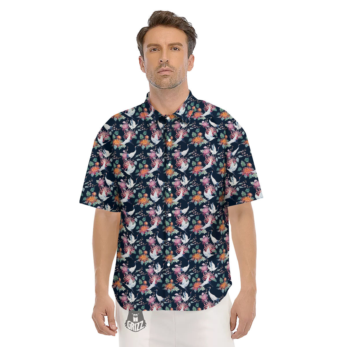 Chrysanthemums And Japanese Cranes Print Men's Short Sleeve Shirts-grizzshop