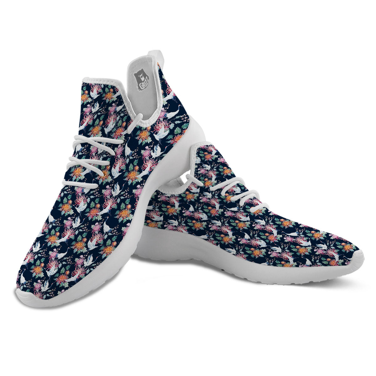 Chrysanthemums And Japanese Cranes Print White Athletic Shoes-grizzshop