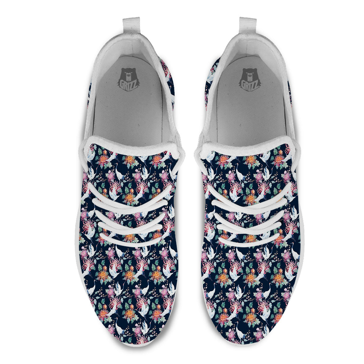 Chrysanthemums And Japanese Cranes Print White Athletic Shoes-grizzshop