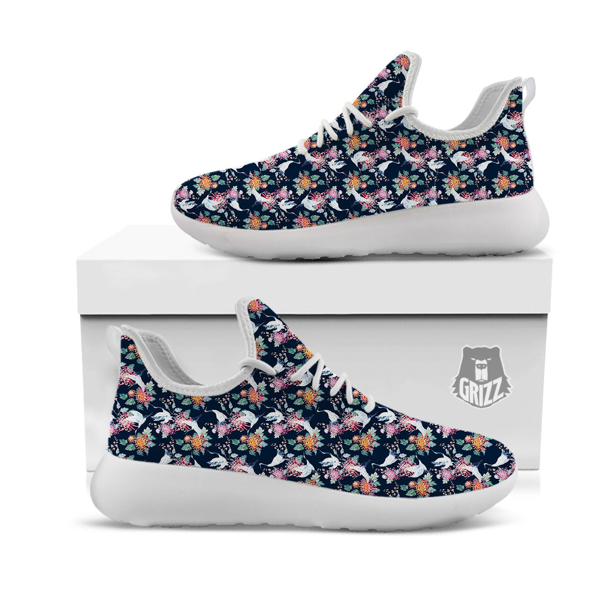 Chrysanthemums And Japanese Cranes Print White Athletic Shoes-grizzshop