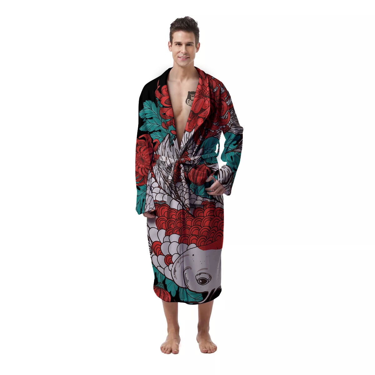 Chrysanthemums And Japanese Koi Print Men's Robe-grizzshop