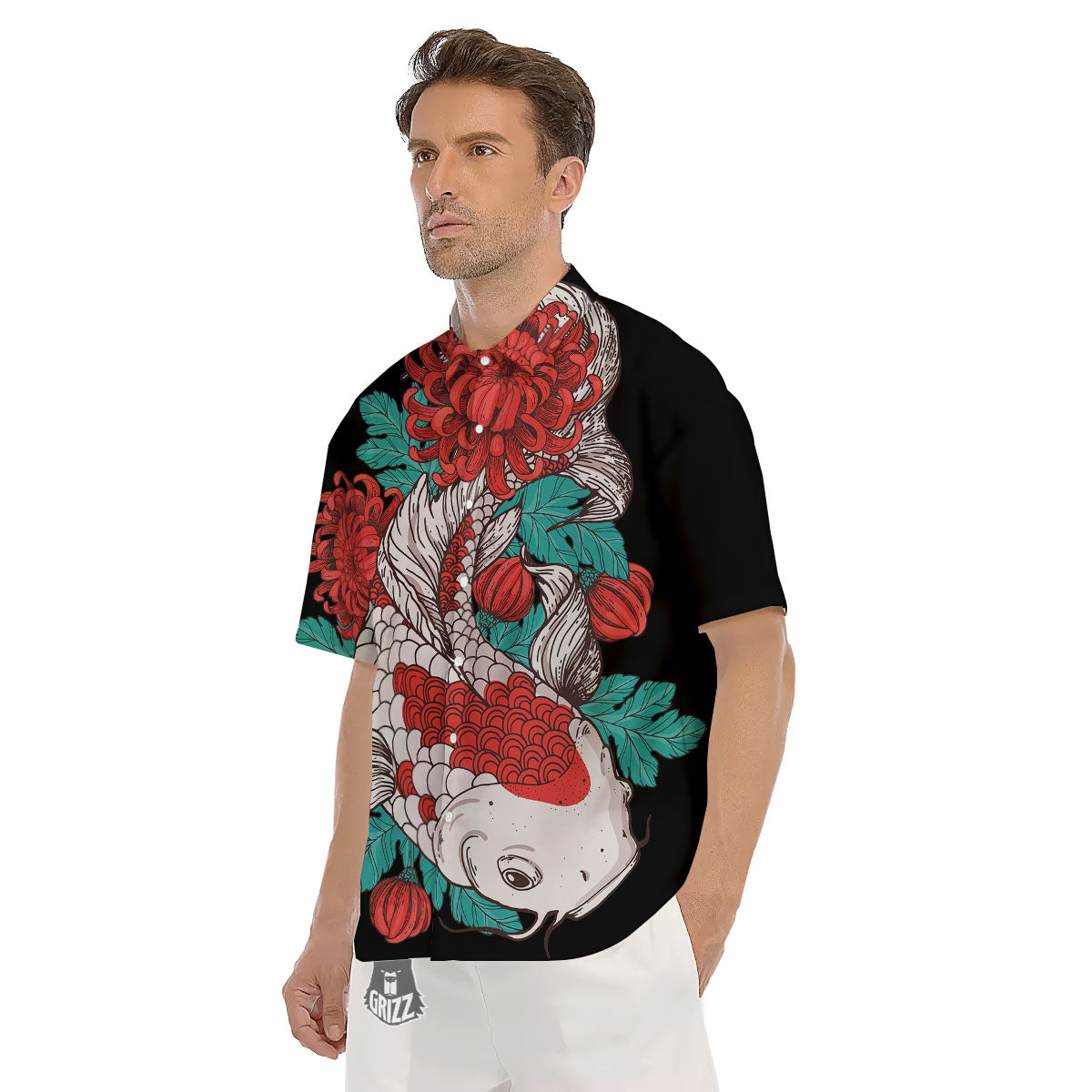 Chrysanthemums And Japanese Koi Print Men's Short Sleeve Shirts-grizzshop