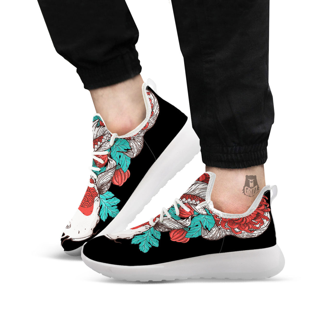 Chrysanthemums And Japanese Koi Print White Athletic Shoes-grizzshop