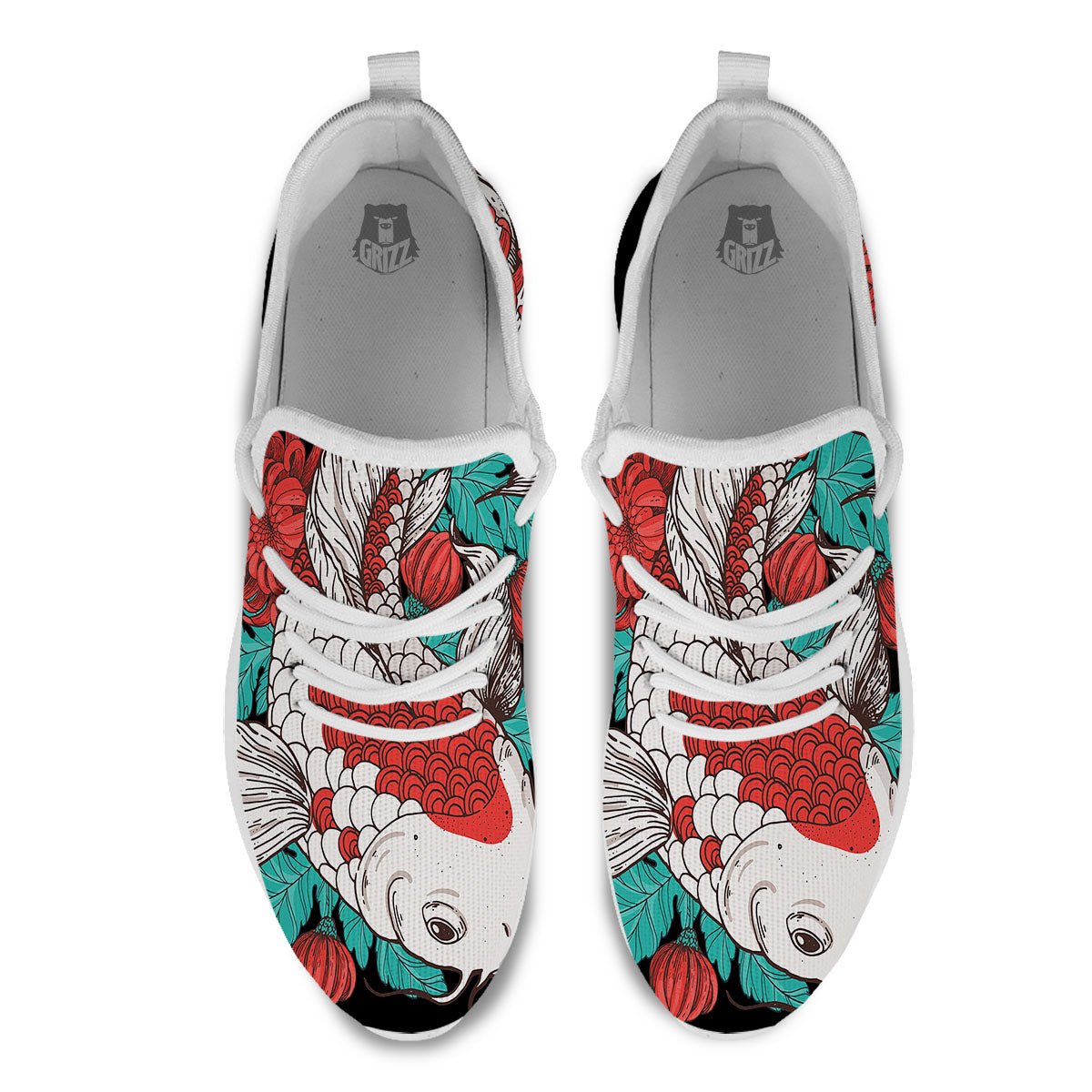 Chrysanthemums And Japanese Koi Print White Athletic Shoes-grizzshop