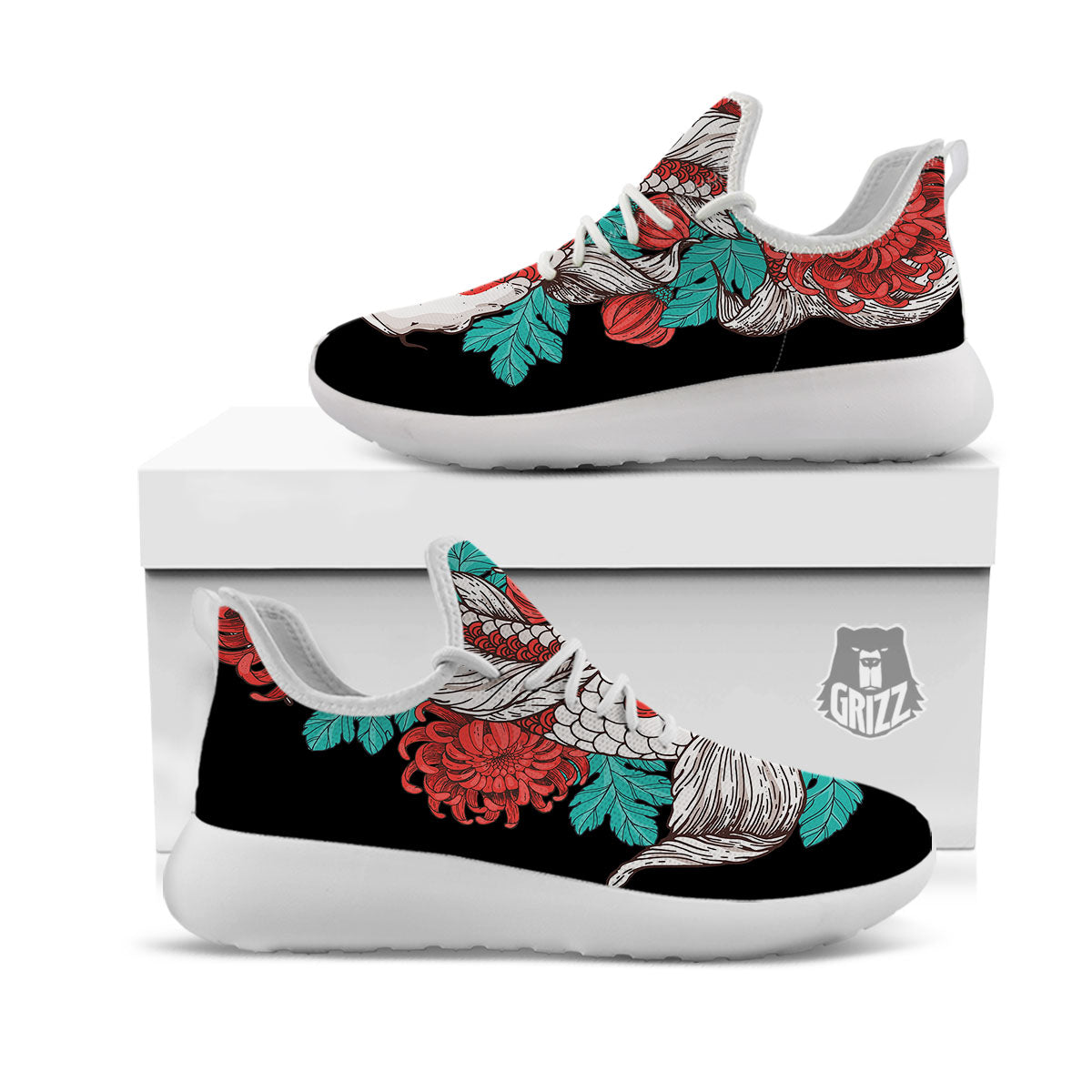 Chrysanthemums And Japanese Koi Print White Athletic Shoes-grizzshop