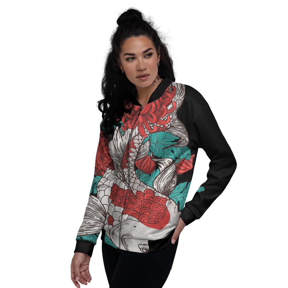 Chrysanthemums And Japanese Koi Print Women's Bomber Jacket-grizzshop