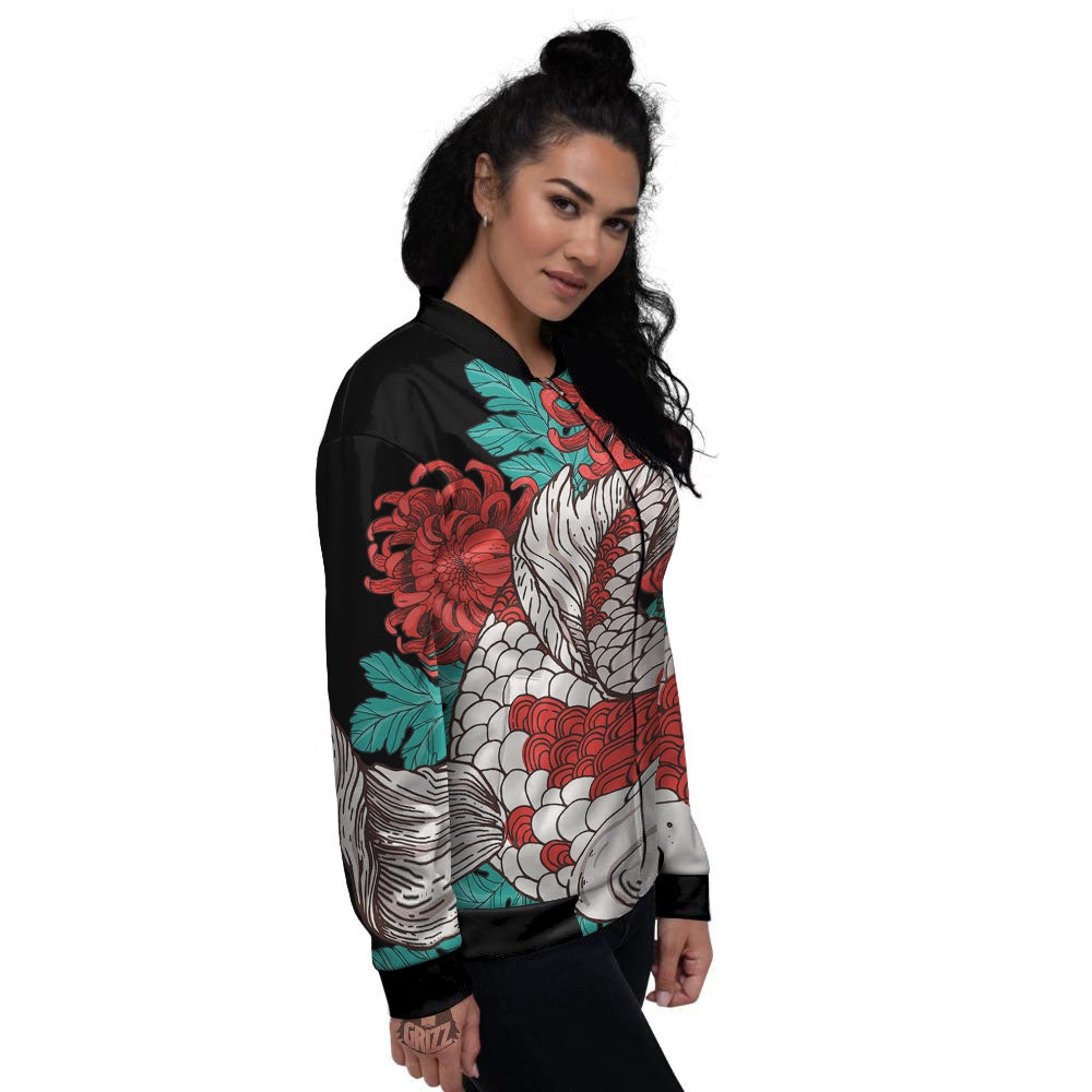 Chrysanthemums And Japanese Koi Print Women's Bomber Jacket-grizzshop