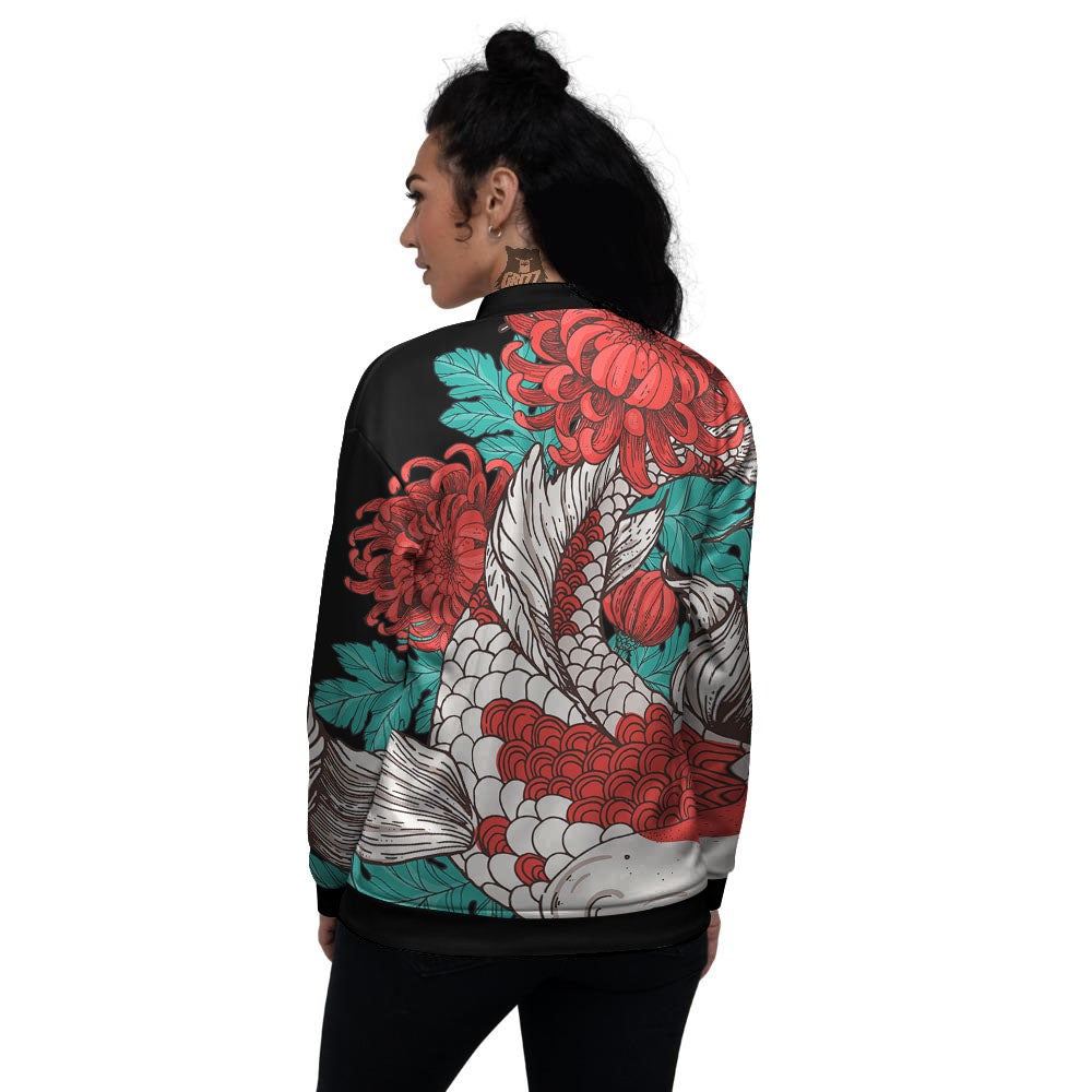 Chrysanthemums And Japanese Koi Print Women's Bomber Jacket-grizzshop